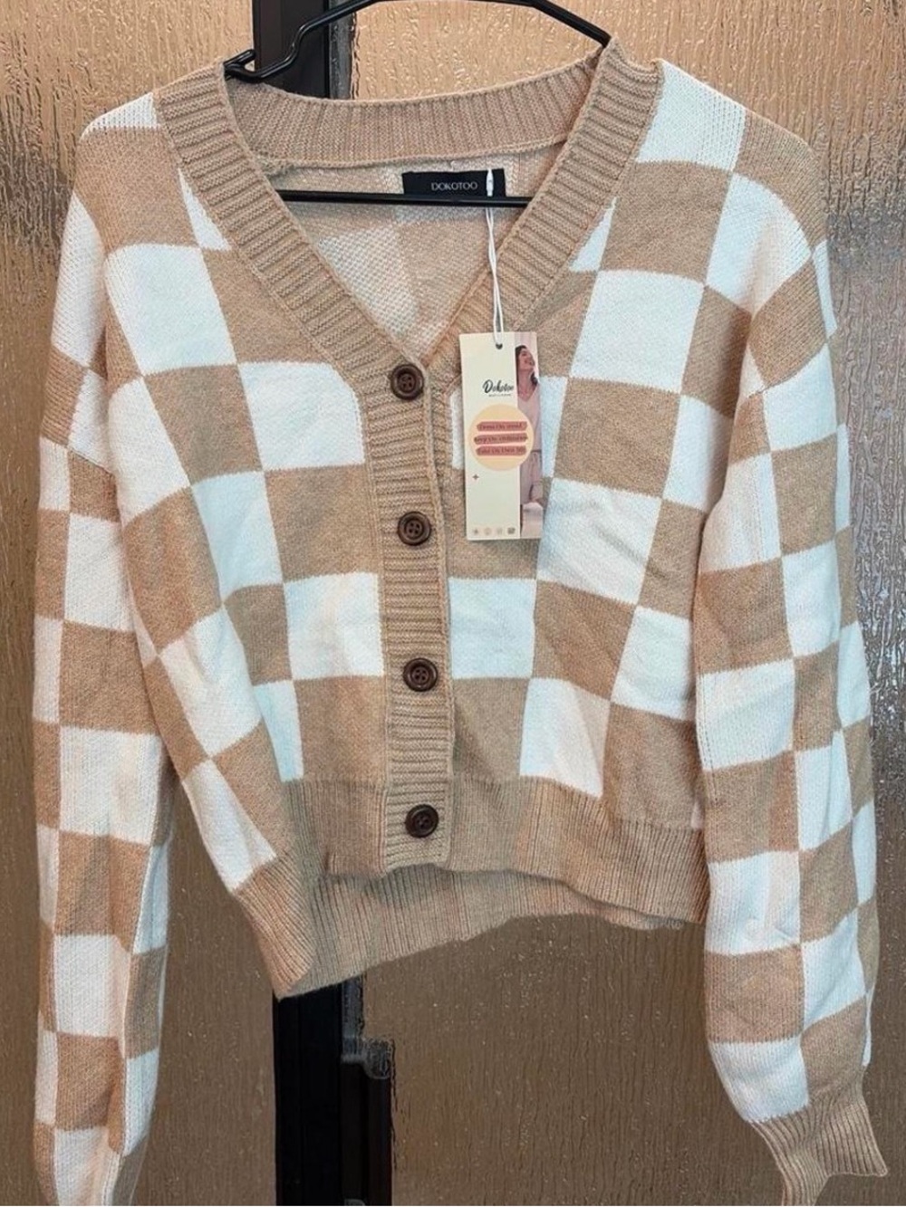 Checkerboard V-Neck Cropped Cardigan in Beige & White